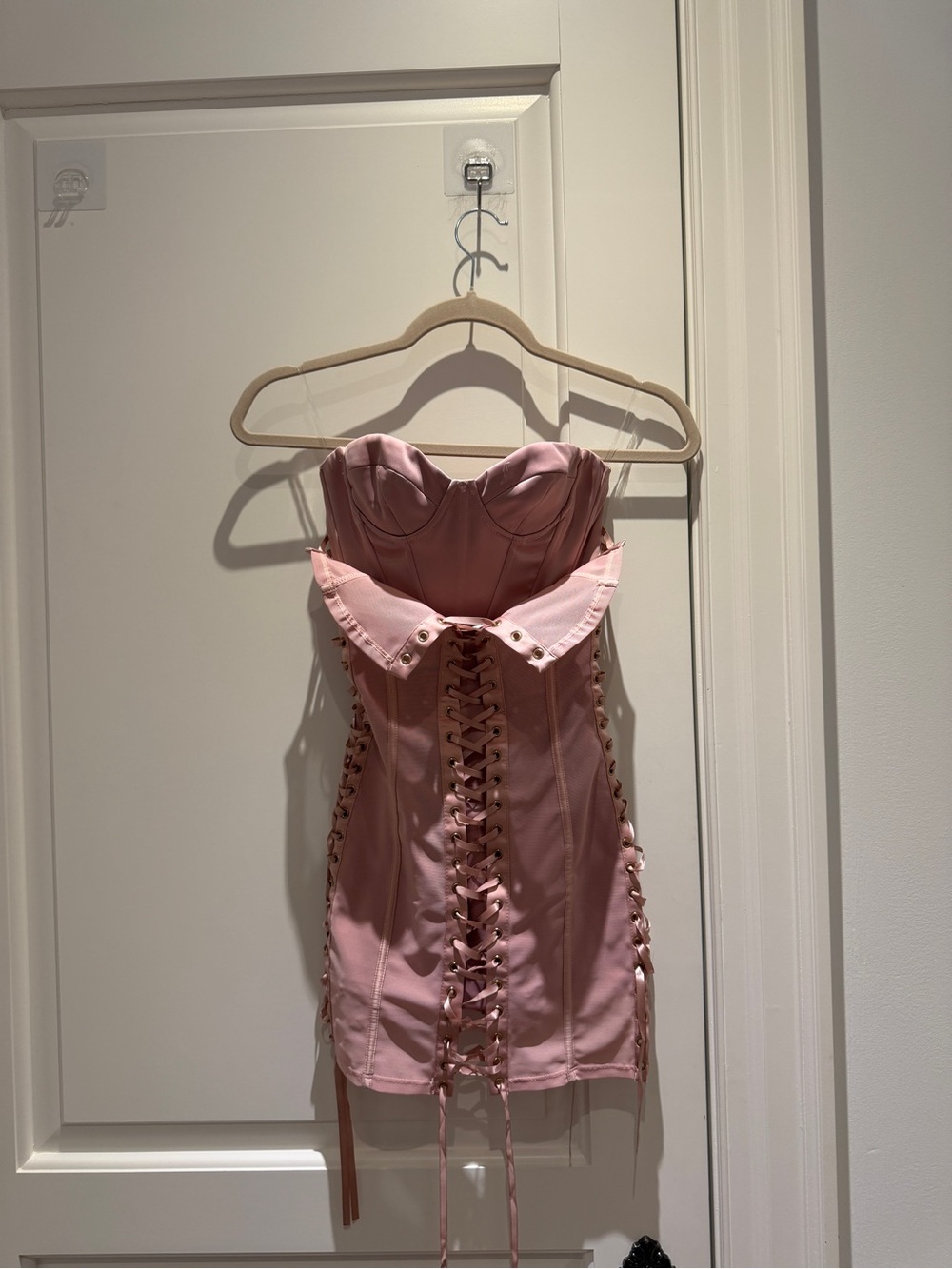 OhPolly Strapless Pink Lace-Up Bodycon Dress